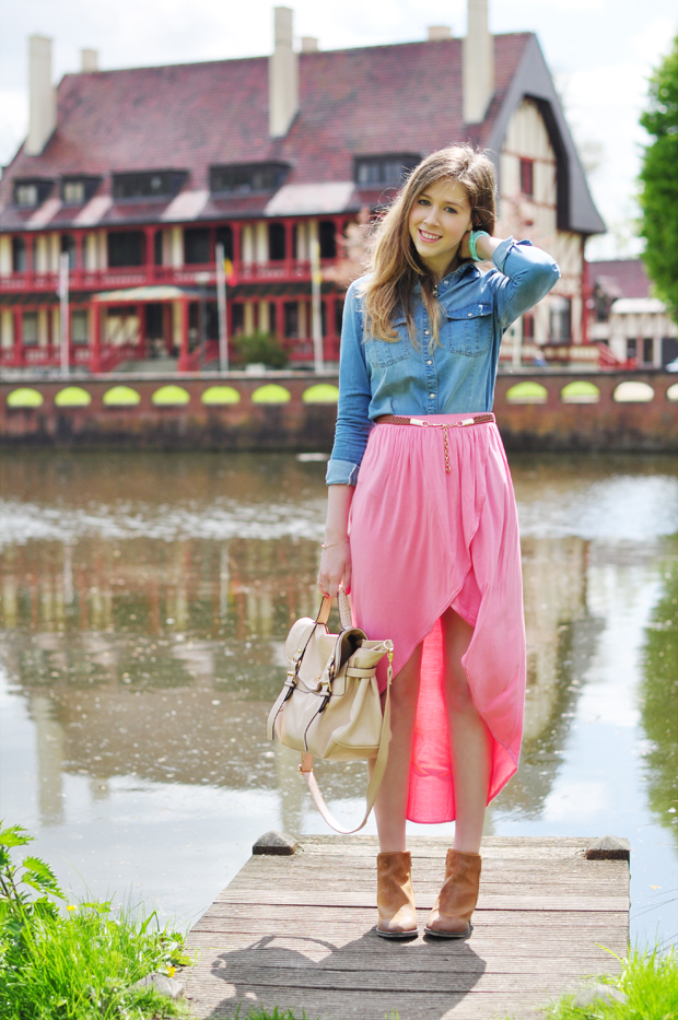 stylelab fashion blog ootd lotd outfit spring blossom denim shirt pink skirt a